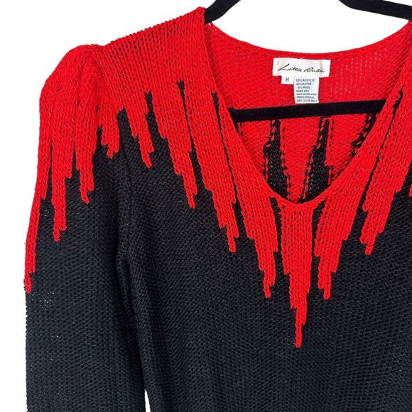 Vintage 80s Lillie Rubin Hand Knit Sweater Wool Blend Puff Sleeve Black & Red - Picture 5 of 13